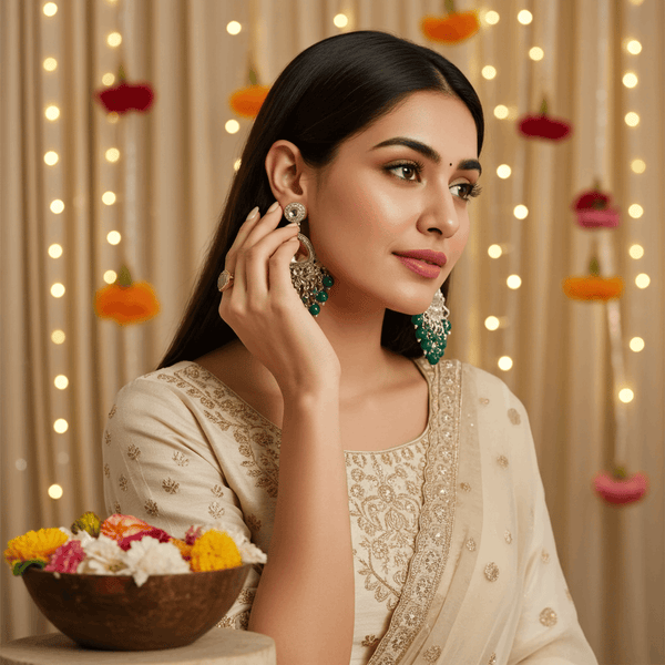 Tessara Silver-Plated Kundan Teardrop Earrings with Bottle Green Beaded Fringe