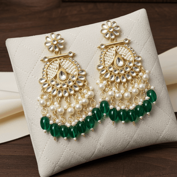 Tessara Gold-Plated Kundan & Pearl Chandbali Earrings with Bottle Green Beads