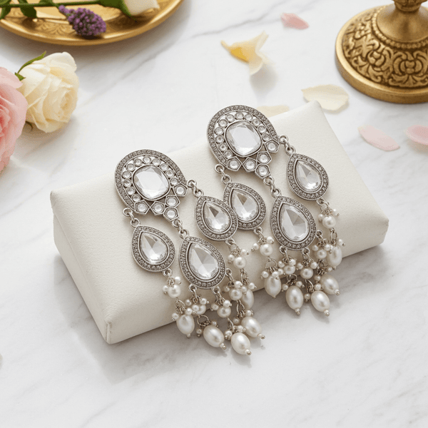 Tessara Silver-Plated Kundan & Pearl Teardrop Dangler Earrings in White