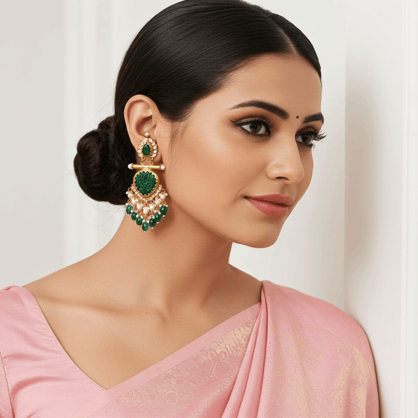 Tessara Gold-Plated Carved Stone & Pearl Drop Earrings in Bottle Green