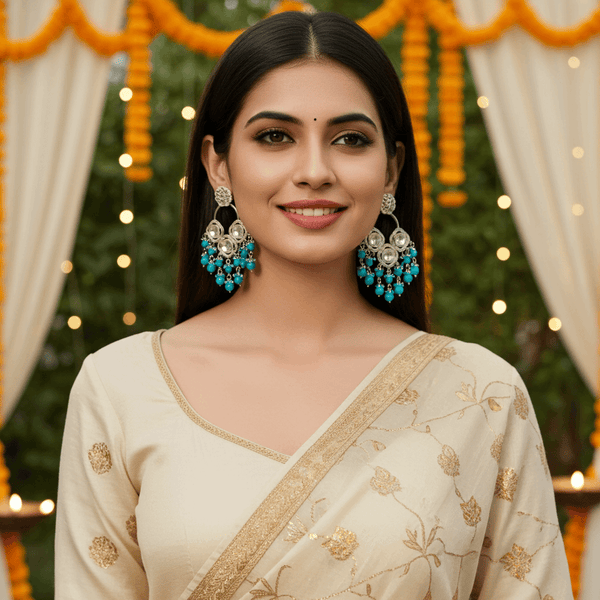 Tessara Silver-Plated Kundan Chandelier Earrings with Sky Blue Beaded Tassels