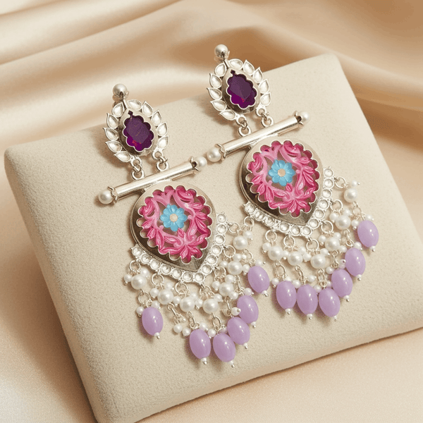 Tessara Silver-Plated Multicolor Meenakari Earrings with Lavender Beaded Tassels