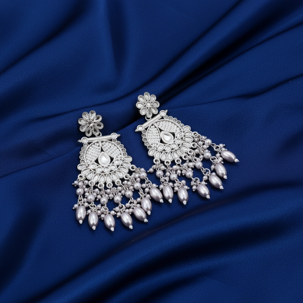 Tessara Silver-Plated Kundan & Pearl Drop Earrings in White