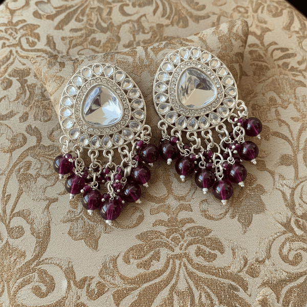 Tessara Silver-Plated Kundan Drop Earrings with Wine Beaded Fringe