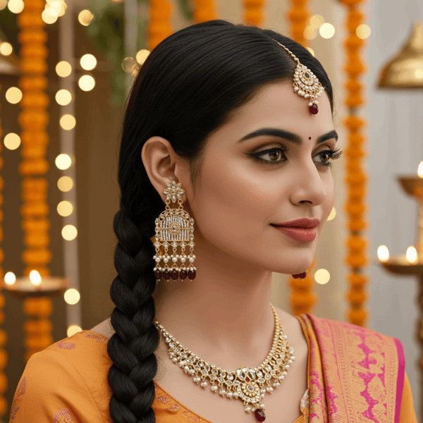 Tessara Gold-Plated Kundan Chandelier Earrings with Wine Beads