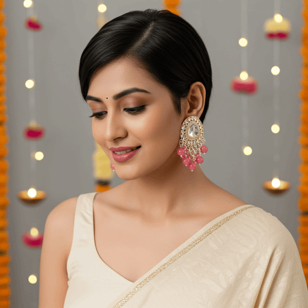 Tessara Gold-Plated Kundan Drop Earrings with Rani Pink Beaded Fringe