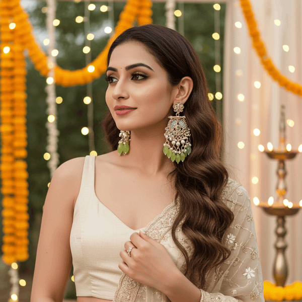 Tessara Gold-Plated Kundan & Pearl Chandbali Earrings with Pista Green Beads