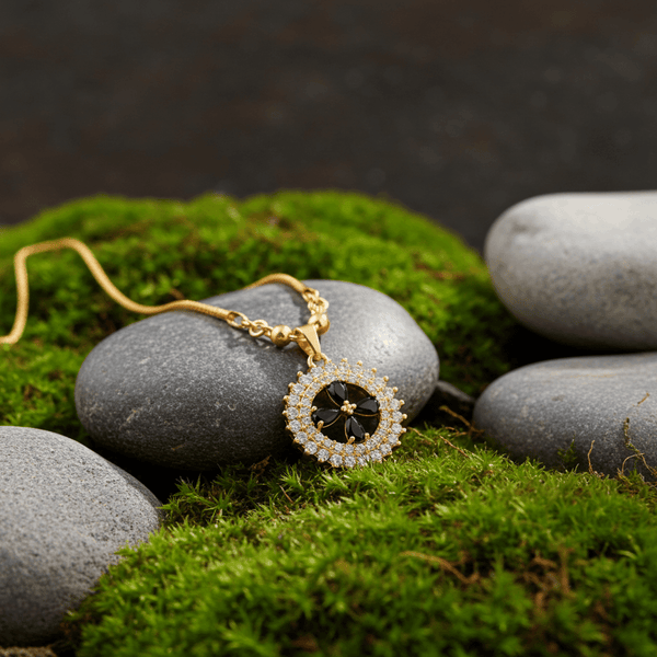 Tessara Gold-Plated Black & White AD-Studded Floral Pendant