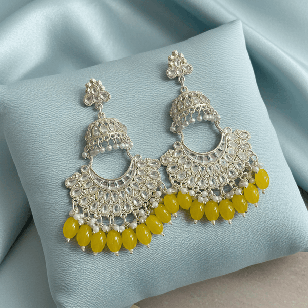 Tessara Gold-Plated Kundan Chandbali Earrings with Yellow Beads