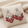 Tessara Silver-Plated Kundan Chandelier Earrings with Maroon Beaded Tassels