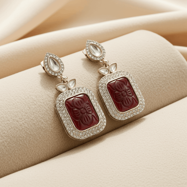 Tessara Gold-Plated Kundan Drop Earrings with Carved Maroon Stone