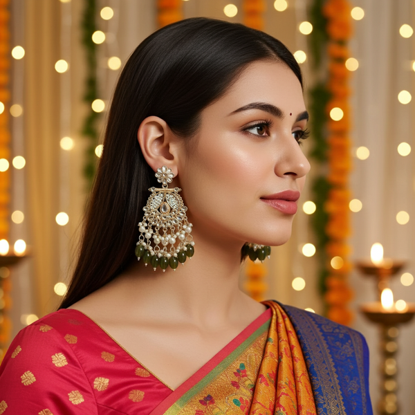 Tessara Gold-Plated Kundan & Pearl Chandbali Earrings with Mehendi Green Beads