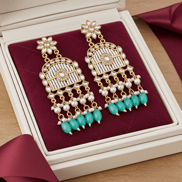 Tessara Gold-Plated Kundan Chandelier Earrings with Turquoise Beads