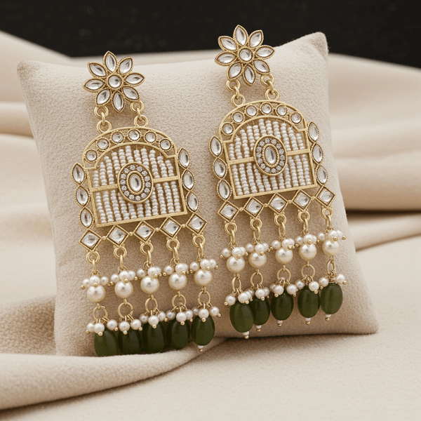 Tessara Gold-Plated Kundan Chandelier Earrings with Bottle Green Beads