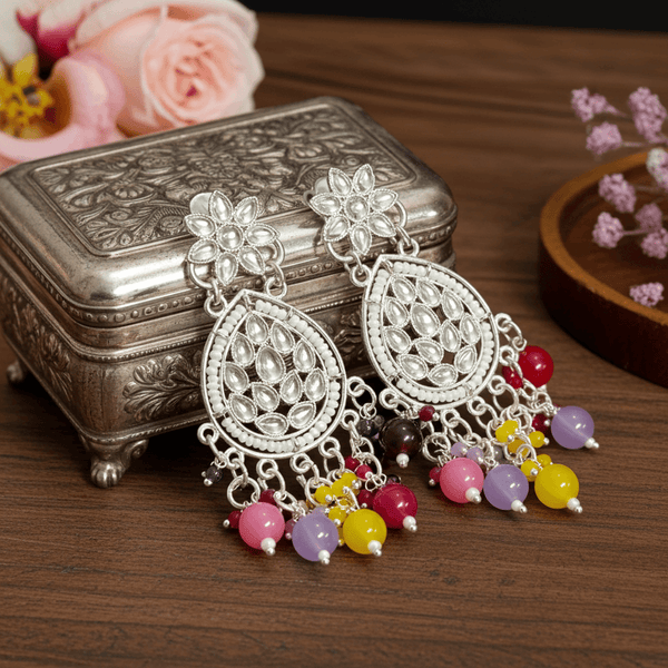 Tessara Silver-Plated Kundan Teardrop Earrings with Multicolor Beaded Fringe