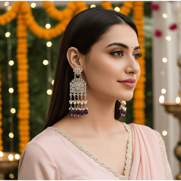 Tessara Gold-Plated Kundan Chandelier Earrings with Purple Beads