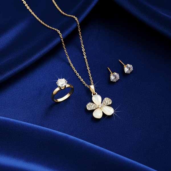 Tessara Gold-Plated Translucent Stone Floral & Solitaire Set