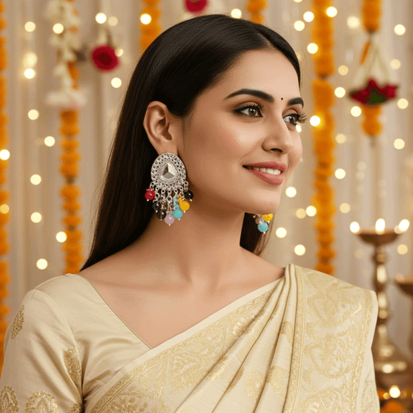 Tessara Silver-Plated Kundan Drop Earrings with Multicolor Beaded Fringe