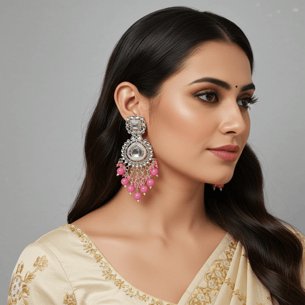 Tessara Silver Kundan Drop Earrings with Rani Pink Beads