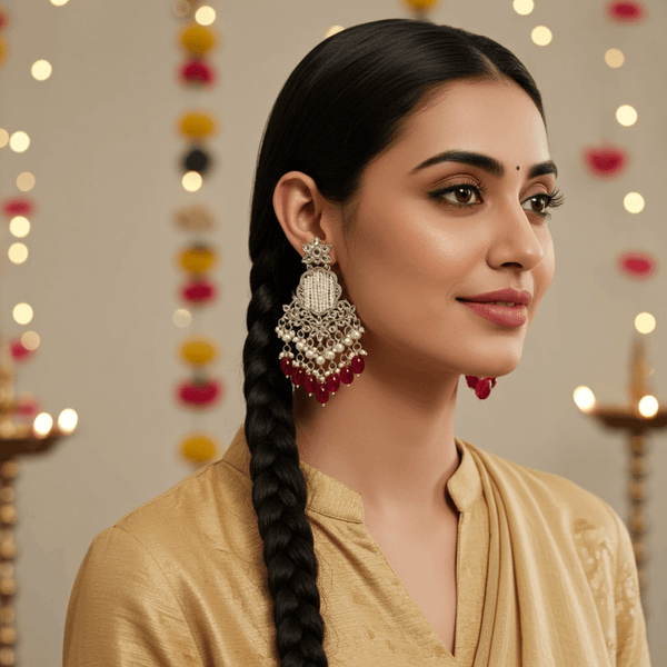 Tessara Silver Kundan Chandeliers with Rani Pink Beads