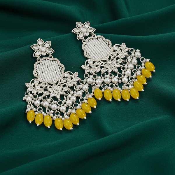 Tessara Silver Kundan Chandeliers with Yellow Beads