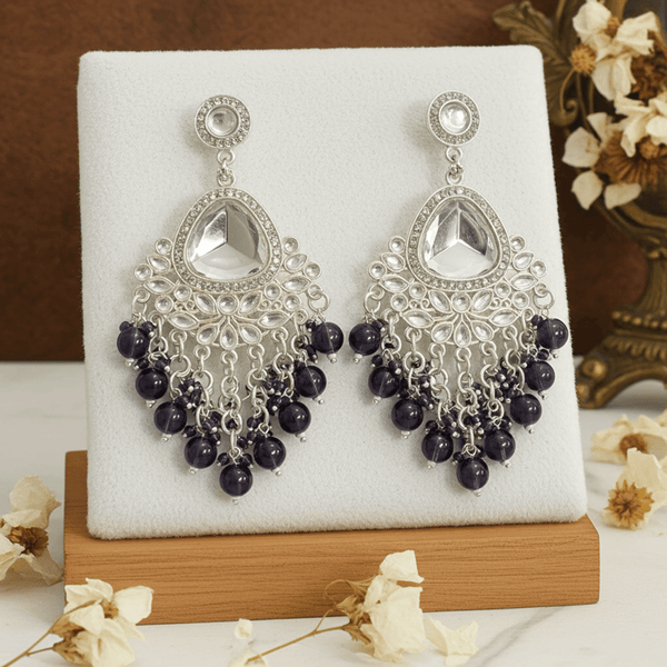 Tessara Silver-Plated Kundan Chandelier Earrings with Purple Beaded Tassels