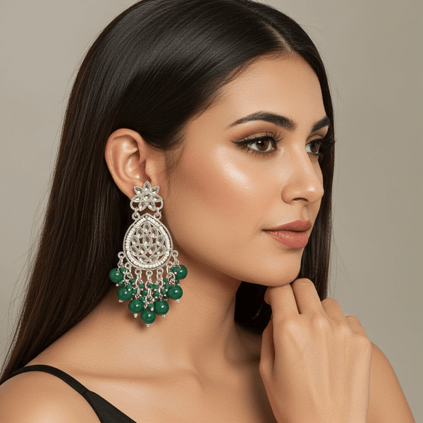 Tessara Silver Kundan Danglers with Bottle Green Beads