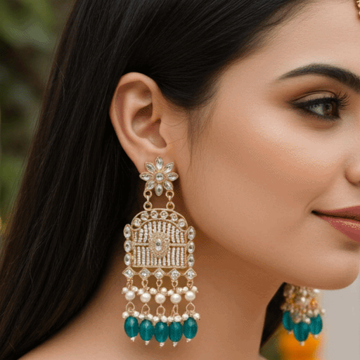 Tessara Gold-Plated Kundan Chandelier Earrings with Rama Green Beads