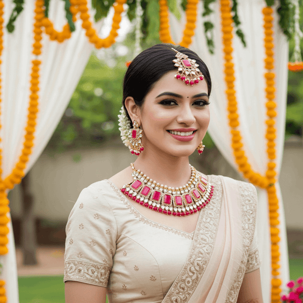 Tessara Gold-Plated Stone-Studded Jewellery Set, Rani Pink