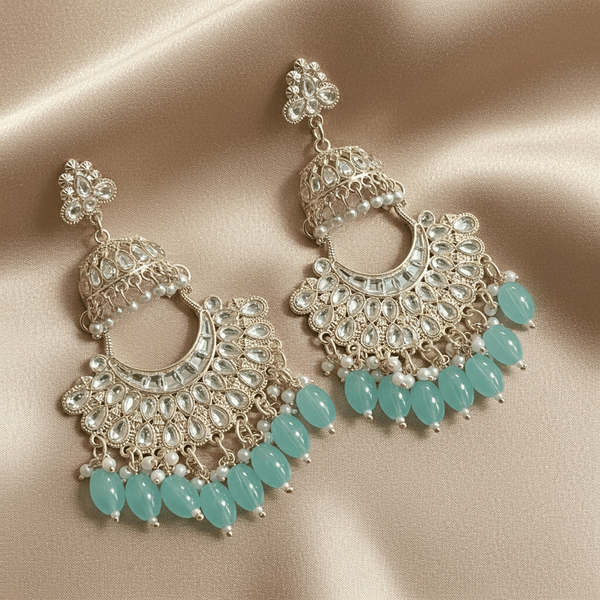 Tessara Gold Kundan Pearl Chandbali with Sea Green Beads