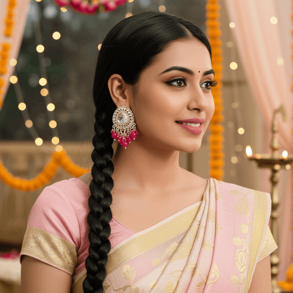 Tessara Silver-Plated Kundan Drop Earrings with Rani Pink Beaded Fringe