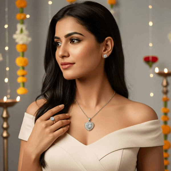 Tessara Silver-Plated Aqua Blue Baguette Heart Pendant Set with Ring