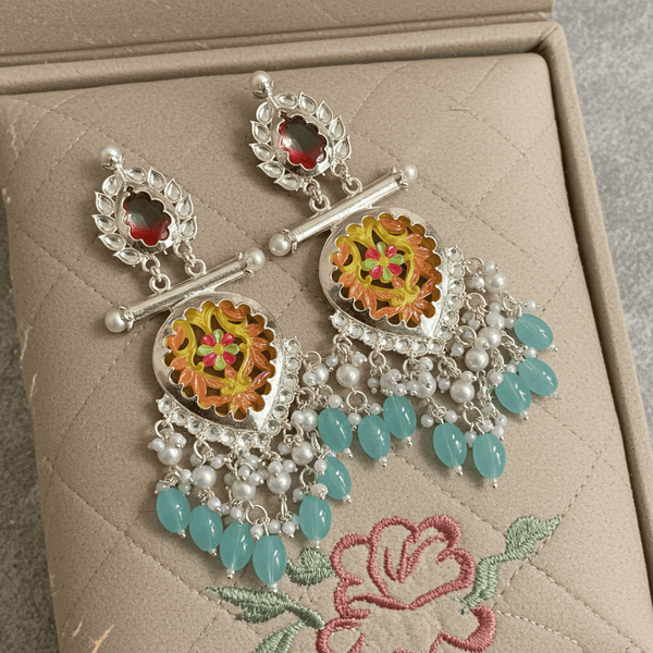 Tessara Silver-Plated Multicolor Meenakari Earrings with Dusty Teal Beaded Tassels