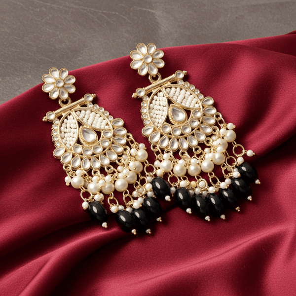 Tessara Gold-Plated Kundan & Pearl Chandbali Earrings with Black Beads
