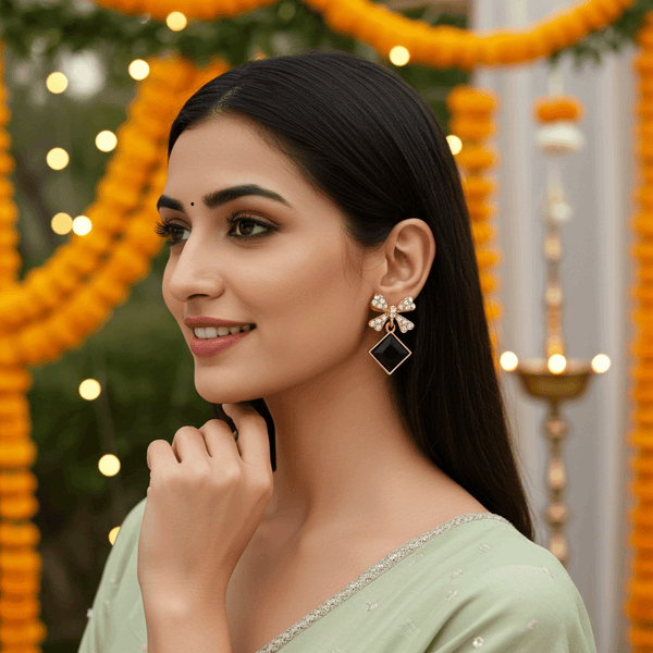 Tessara Gold-Plated Bow Drop Earrings with Black Square Stone