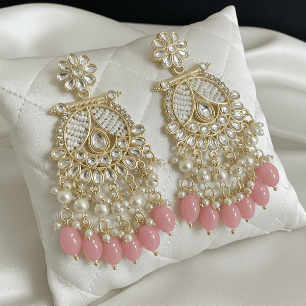 Tessara Gold-Plated Kundan & Pearl Chandbali Earrings with Onion Pink Beads