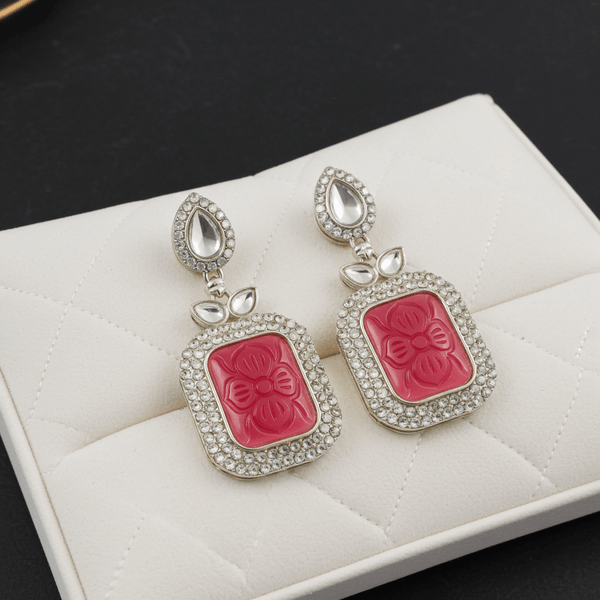Tessara Silver-Plated Kundan Drop Earrings with Carved Rani Pink Stone