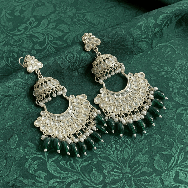 Tessara Silver-Plated Kundan Chandbali Earrings with Bottle Green Beads