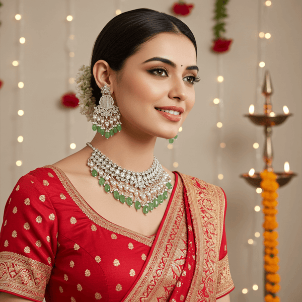 Tessara Silver Kundan Chandeliers with Pista Green Beads