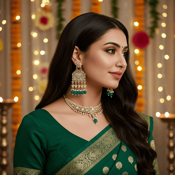 Tessara Gold-Plated Kundan Chandelier Earrings with Rama Green Beads