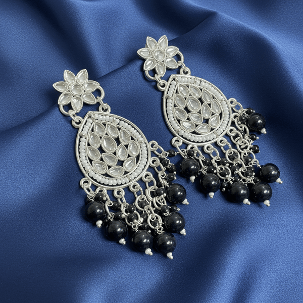 Tessara Silver-Plated Kundan Dangler Earrings with Black Beaded Tassels