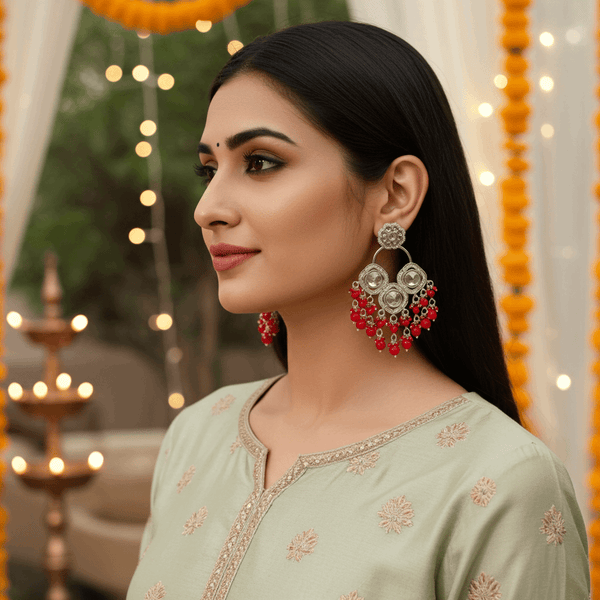 Tessara Silver-Plated Kundan Chandelier Earrings with Red Beaded Tassels