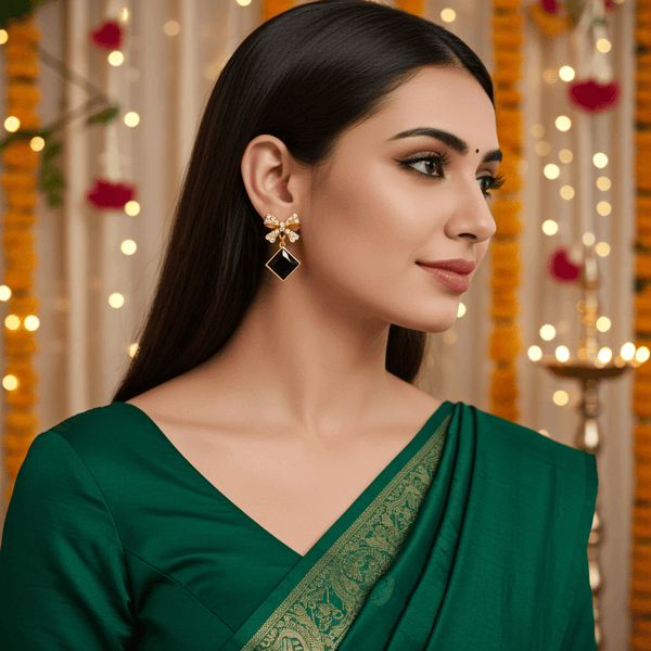 Tessara Gold-Plated Bowknot Drop Earrings with Black Square Stone