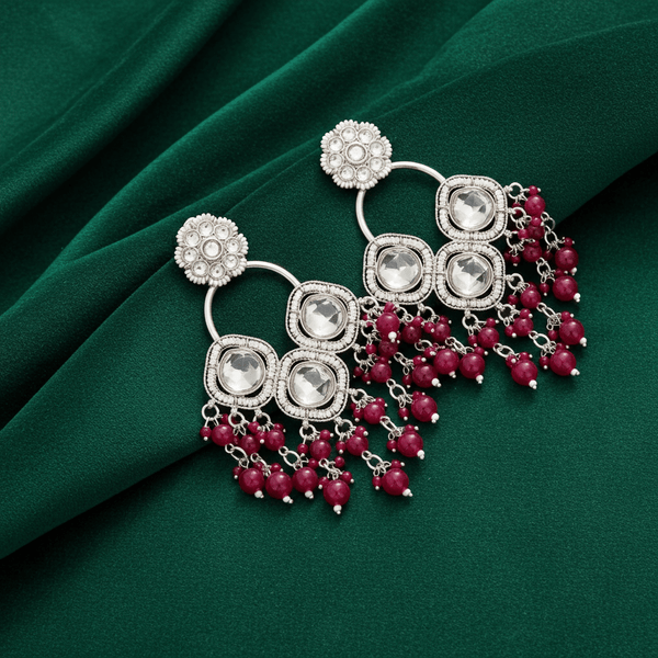 Tessara Silver-Plated Kundan Chandelier Earrings with Maroon Beaded Tassels