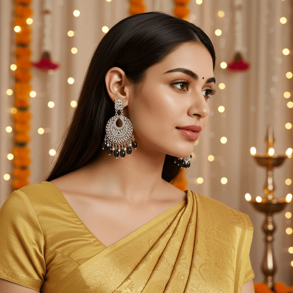 Tessara Silver-Plated Kundan Chandbali Earrings with Wine Beads