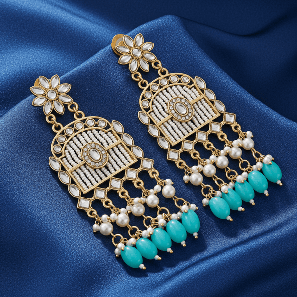Tessara Gold-Plated Kundan Chandelier Earrings with Turquoise Beads