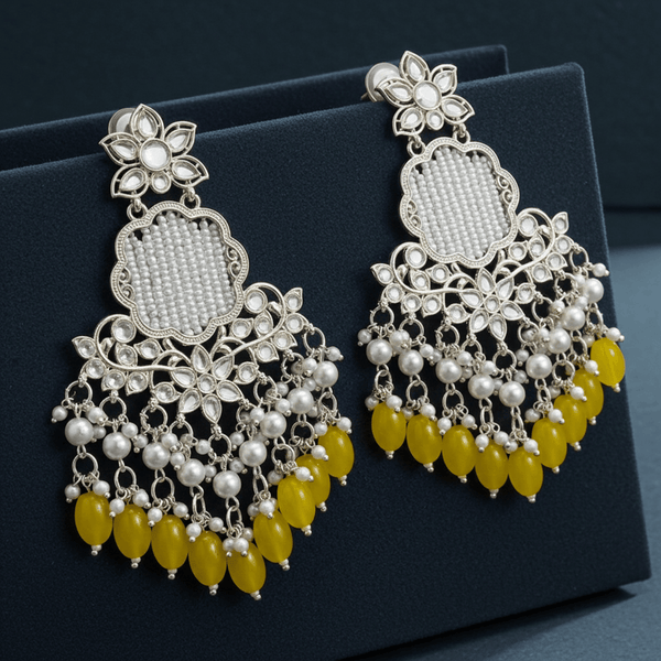 Tessara Silver Kundan Chandeliers with Yellow Beads