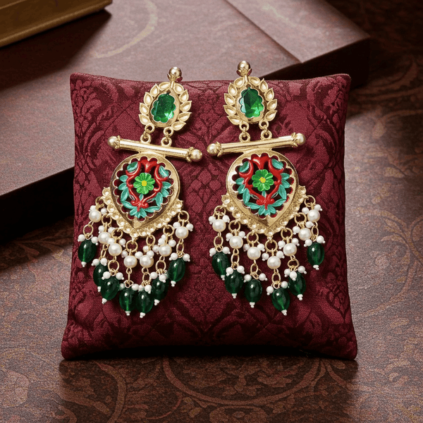 Tessara Gold-Plated Multicolor Meenakari Earrings with Green Beaded Tassels