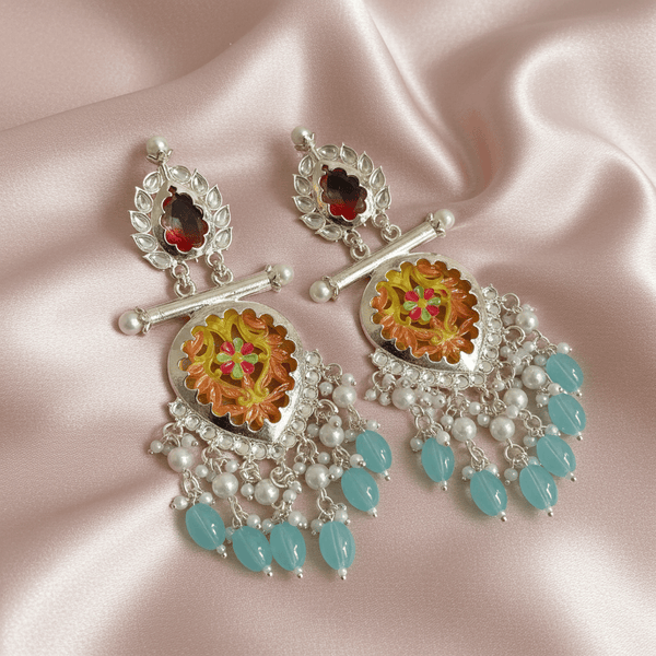 Tessara Silver-Plated Multicolor Meenakari Earrings with Dusty Teal Beaded Tassels