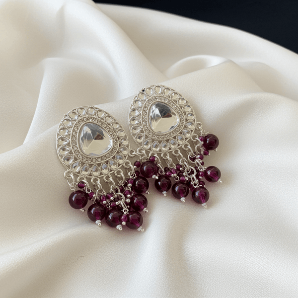 Tessara Silver-Plated Kundan Drop Earrings with Wine Beaded Fringe